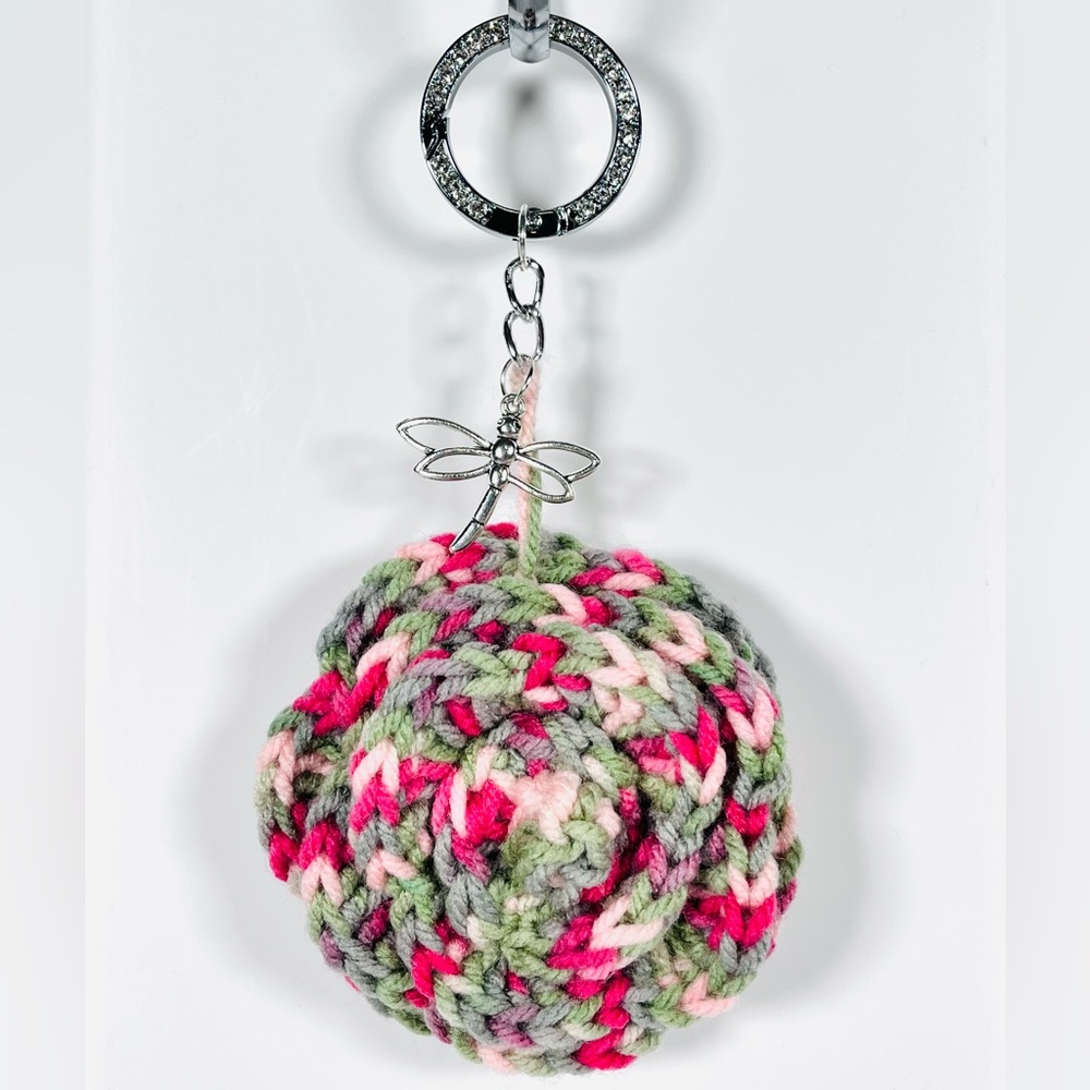 Crochet Ombre Flower Bag Charm with Dragonfly